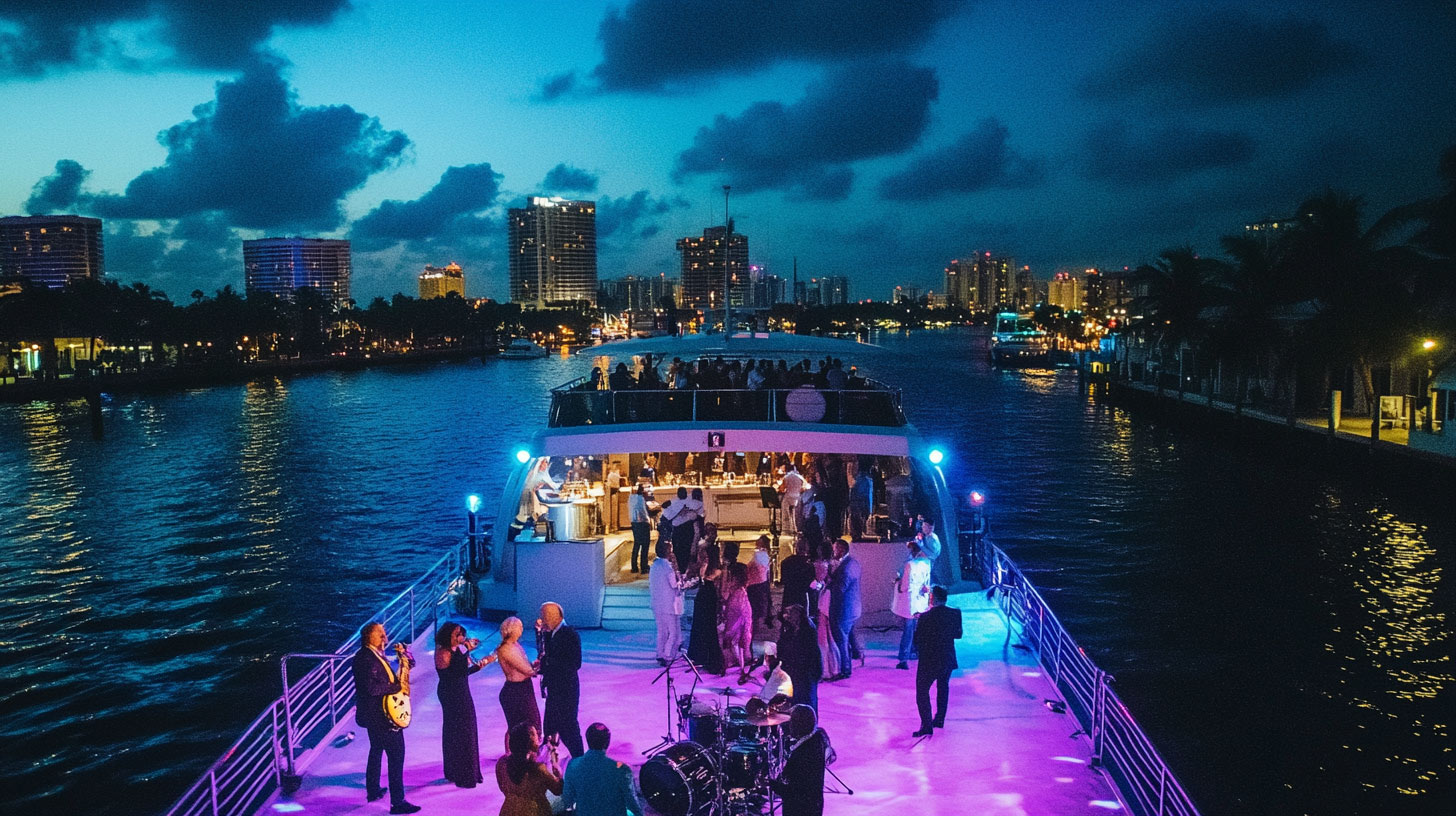 A three piece band plays on the skydeck on a holiday party yacht in Fort Lauderdale.