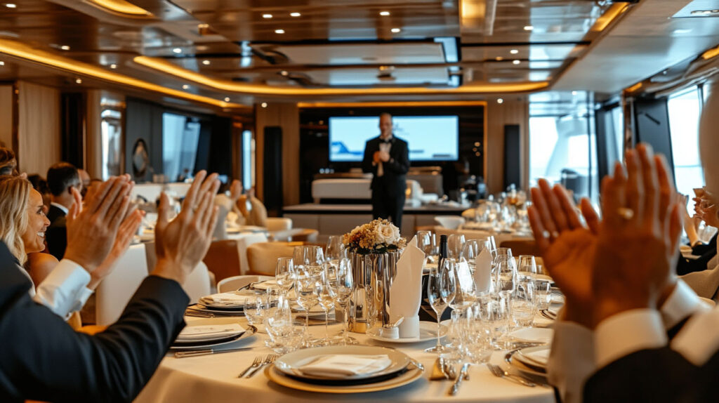 Most luxury yachts have amenties like PA systems and podiums to host a holiday party yacht.